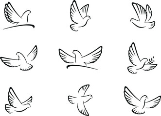 Black Dove Bird Outline Flying Icon Set — dove, bird, black, outline, flying, icon, peace, wings, vector, symbol