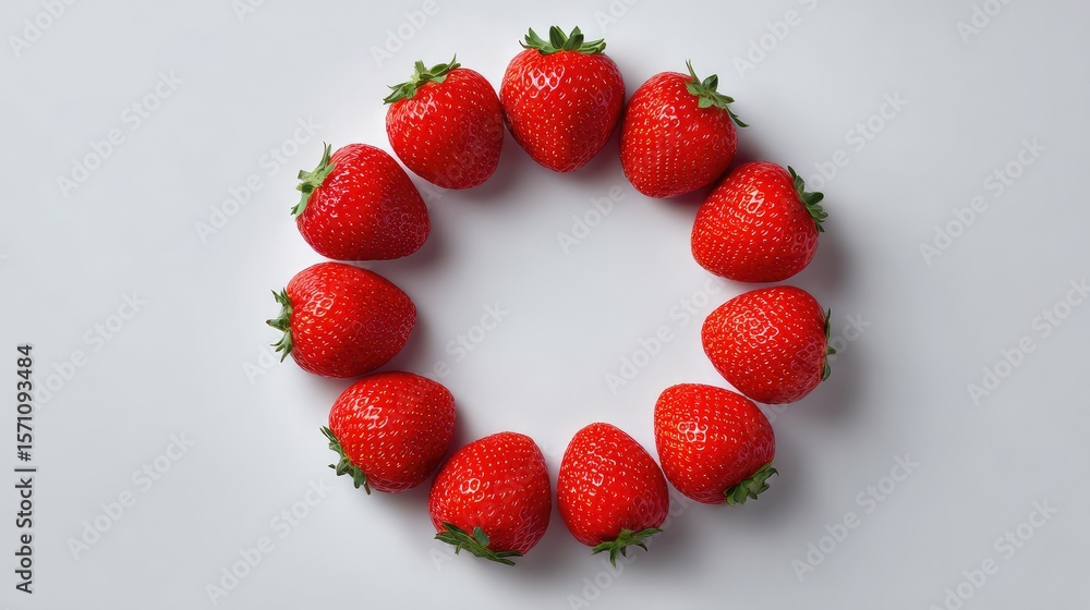 Poster strawberries arranged in a circle pattern on white surface with empty center space for text or graph