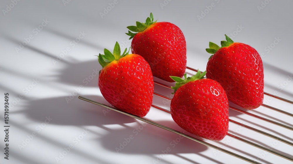 Poster strawberries on a wire rack viewed from above with shadow play and copy space