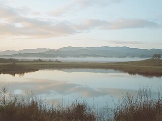 Fototapeta premium Misty morning reflection on calm lake early march nature photography tranquil environment serene viewpoint