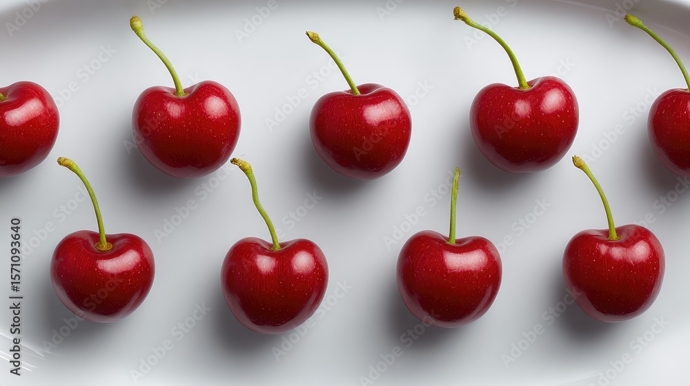 Poster top-down view of cherries arranged in rows on a white plate with ample space left for copy