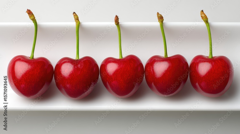 Poster top-down view of cherries arranged in rows on a white plate with ample space left for copy