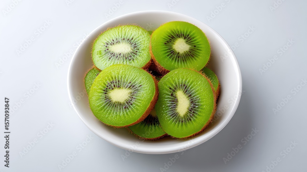 Aufkleber top view of a bowl of sliced kiwi fruit on a white plate, surrounded by open background for design u