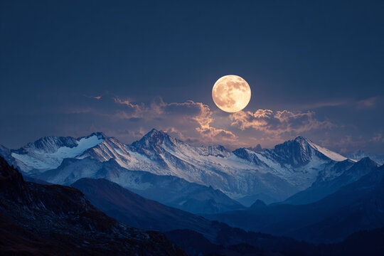 a full moon is seen over a mountain range