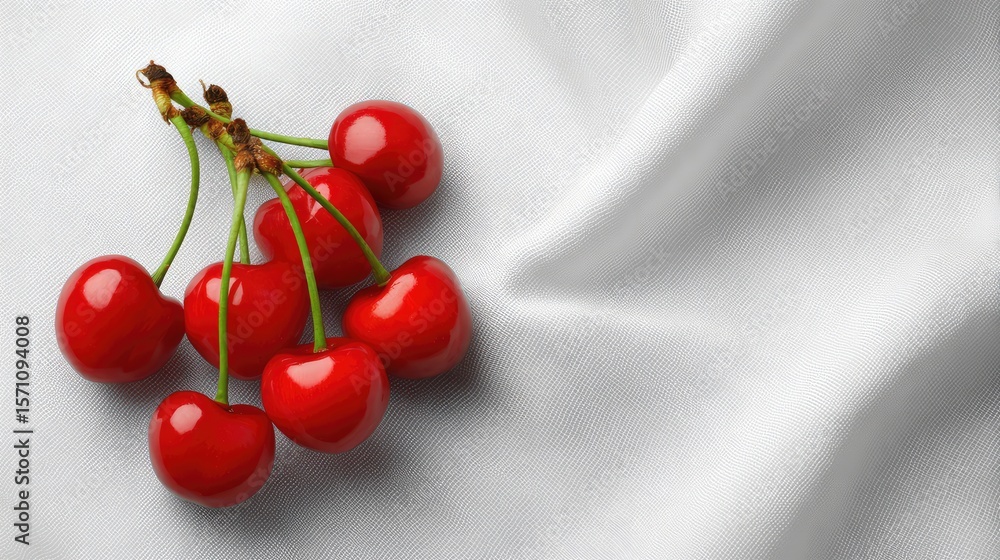 Poster top view of cherries with stems intertwined on a soft fabric background with clear space for text