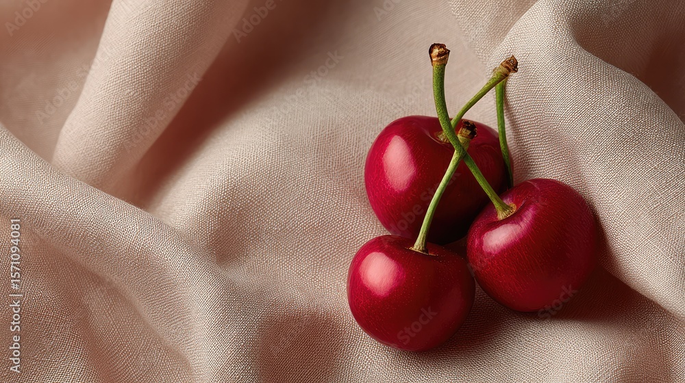 Poster top view of cherries with stems intertwined on a soft fabric background with clear space for text