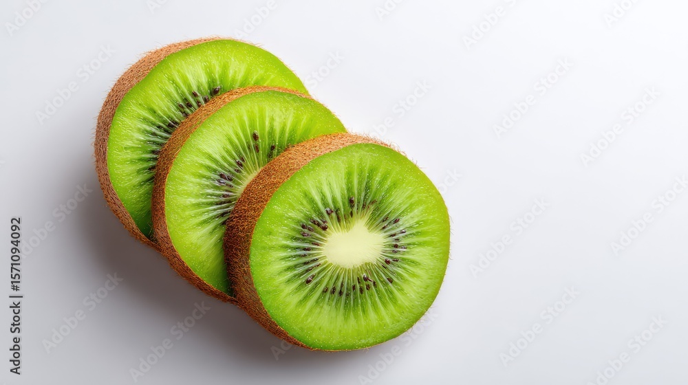 Aufkleber top view of fresh sliced kiwi arranged on a white background, with ample negative space for design l