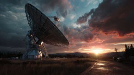Satellite dish capturing signals at sunset remote landscape photography dramatic cloudy sky wide angle view technology concept