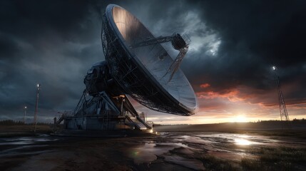 Satellite dish capturing signals at sunset remote location landscape photography technology environment atmospheric view