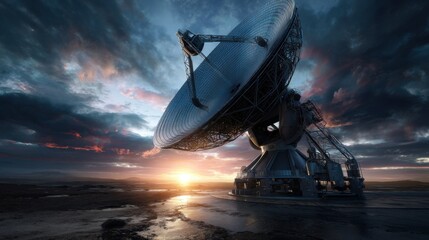 Satellite dish receiving signals at sunset remote location technology image dramatic sky wide angle view communication concept