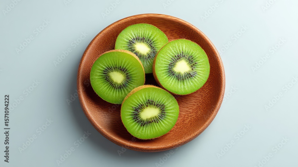 Poster top view of round wooden tray filled with kiwi halves, centered on a light surface with open copy sp