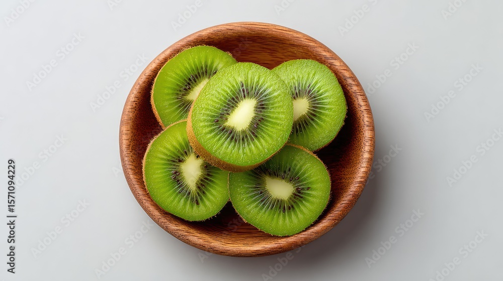 Aufkleber top view of round wooden tray filled with kiwi halves, centered on a light surface with open copy sp
