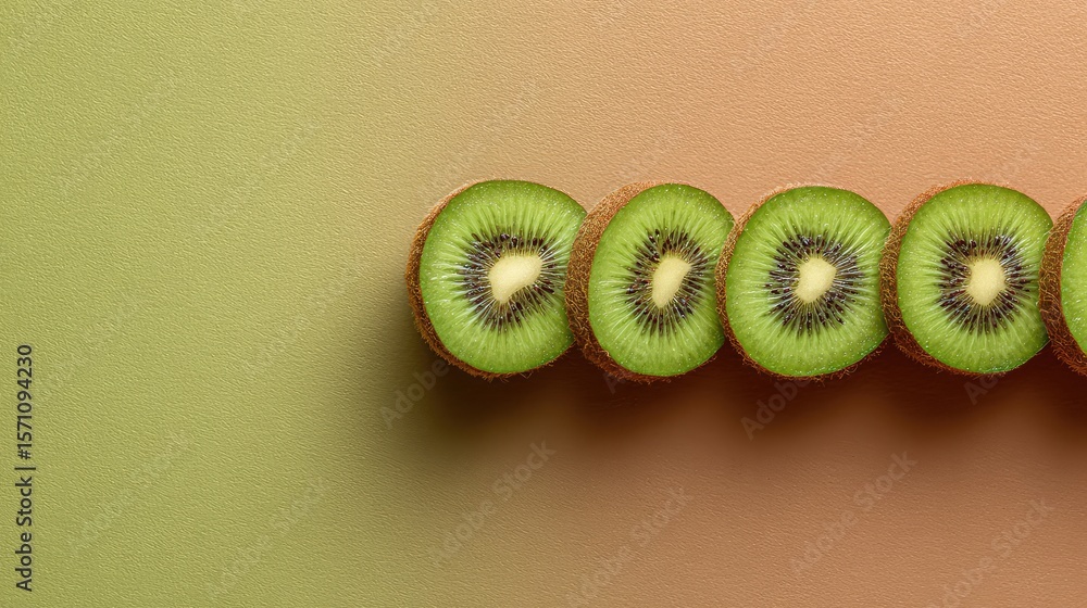 Poster top view of kiwi fruit aligned in a row with clean background space on the opposite side