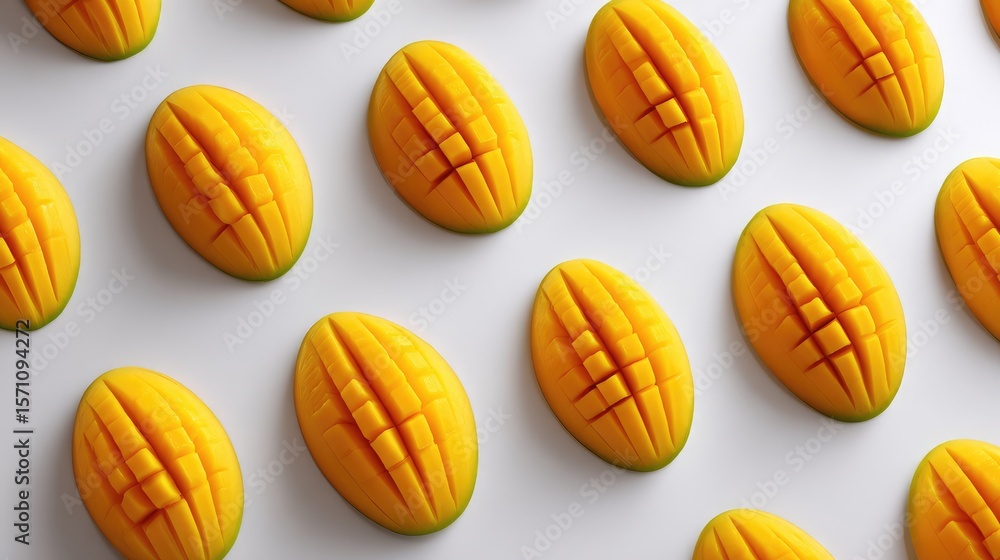 Poster top view of sliced ripe mango in grid pattern on a white background, with ample copy space around th