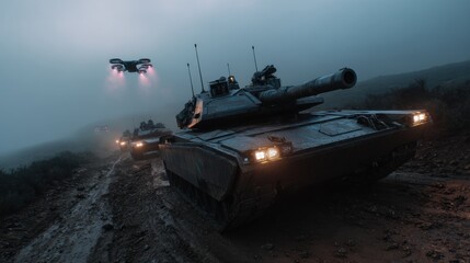Military maneuvering with tanks and drones remote area action photography foggy environment dramatic perspective