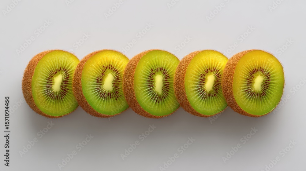 Poster whole fuzzy kiwis and neat slices arranged side-by-side on a light table, top view with clear space
