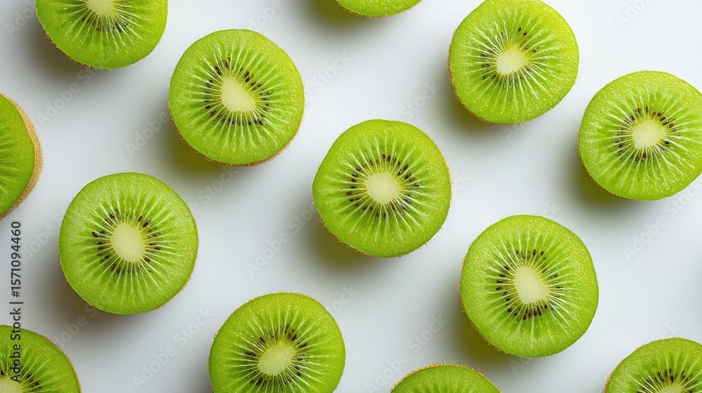 Poster whole fuzzy kiwis and neat slices arranged side-by-side on a light table, top view with clear space