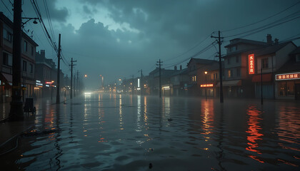 Night Flood in an Empty City Street with Murky Water and Dim Lights