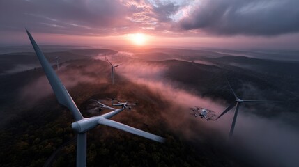 Wind turbines generating renewable energy mountain landscape aerial view serene environment sunset glow