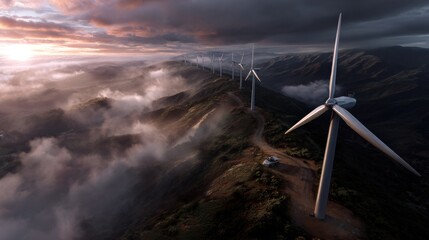Renewable energy action wind turbines in scenic mountains aerial view nature's power dramatic atmosphere