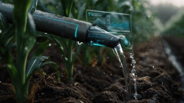 Automated irrigation system enhancing crop growth agricultural field digital technology outdoor close-up smart farming - Powered by Adobe