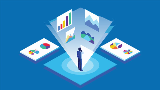 Person standing on a platform surrounded by floating charts and graphs in blue tones design
