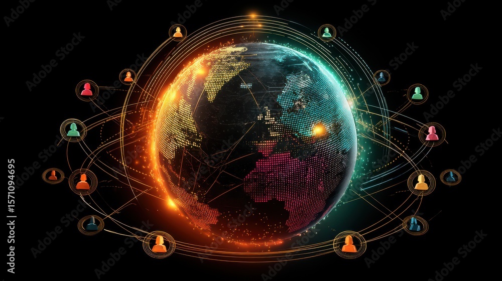 Poster a vibrant futuristic digital rendering of a glowing earth globe surrounded by a network of interconn