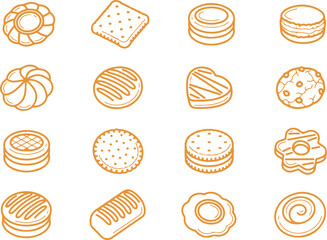 Orange Biscuit and Cookie Outline Vector Set — biscuit, cookie, orange, outline, snack, sweet, dessert, icon, vector, food