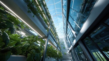 Innovative vertical farming technology urban greenhouse photography modern architecture low-angle perspective sustainability concept