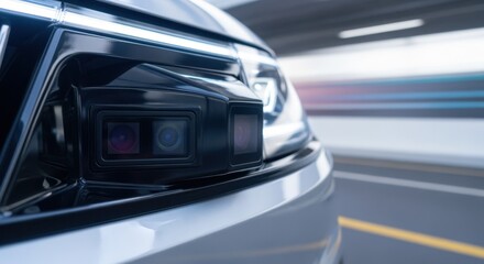 Close up of multiple cameras mounted on the front of a modern autonomous car, capturing the road and surroundings to highlight advanced self driving technology