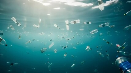 Numerous Plastic Bottles and Waste Float Underwater in a Clear Blue Ocean Illuminated by Bright Sunlight.