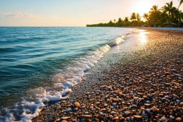 A serene beach with gentle waves lapping the shore