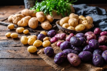 variety of potatoes scattered--golden russets