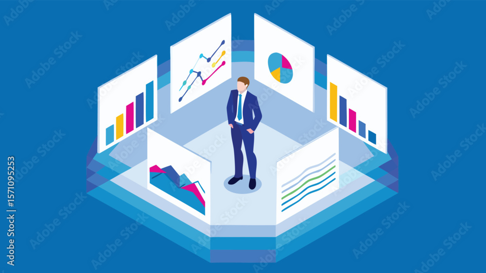 Aufkleber isometric view of a businessman surrounded by data charts and graphs on a blue background design