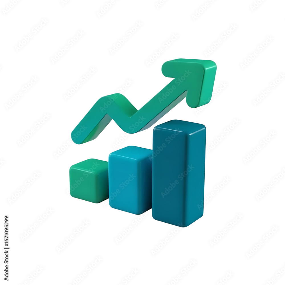 Poster 3d bar graph with upward arrow on transparent background