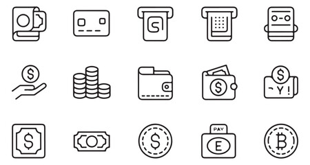 Finance and Money Icons Collection Representing Banking, Payments, Currency, and Financial Transactions with Simple Black and White Designs