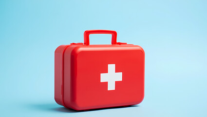 Fototapeta premium Red Closed First Aid Kit Box with White Cross Symbol on a Blue Background, Signifying Emergency Preparedness, Medical Readiness, and Healthcare Safety.