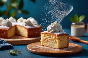 A freshly baked sponge cake with fluffy layers, a soft dusting of powdered sugar, and a swirl of whipped cream in mid-air