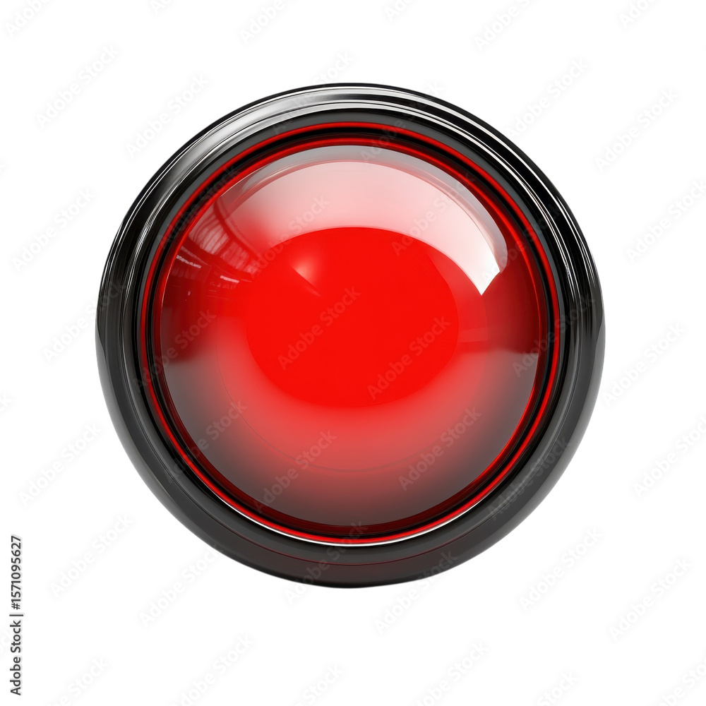 Poster red alert warning button illuminated on black shiny glossy critical stop on transparent background