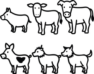 Collection of simple black and white line art farm animals on white background
