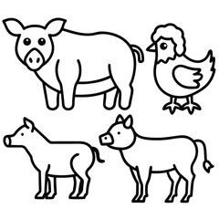 Fototapeta premium Simple line art farm animals including pig chicken and horse