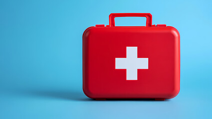 Obraz premium Red Closed First Aid Kit Box with White Cross Symbol on a Blue Background, Signifying Emergency Preparedness, Medical Readiness, and Healthcare Safety.