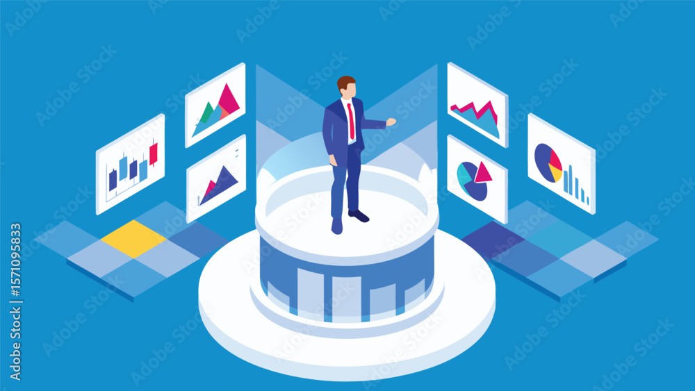 Poster isometric view of a businessman presenting financial data on a platform surrounded by charts