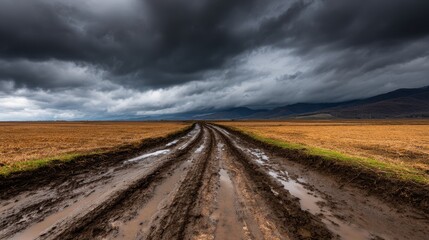 Muddy rural road winding through golden fields under dramatic stormy skies in the distance