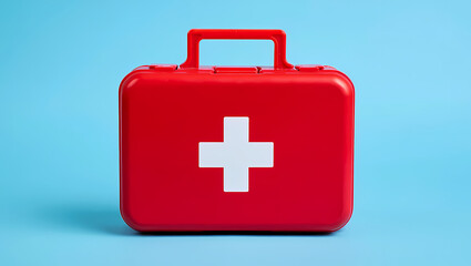 Obraz premium Red Closed First Aid Kit Box with White Cross Symbol on a Blue Background, Signifying Emergency Preparedness, Medical Readiness, and Healthcare Safety.