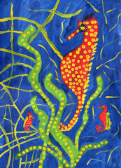 Hand drawn gouache painting, daddy seahorse with babies underwater 