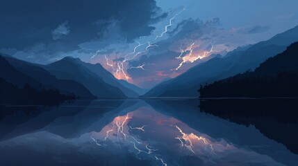 Lightning Storm over Mountain Lake: Dramatic lightning strikes illuminate a serene mountain lake, reflecting the electrifying spectacle in its still waters.