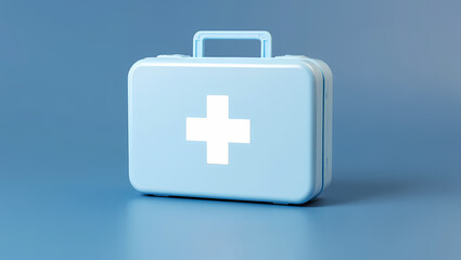 Obraz premium Red Closed First Aid Kit Box with White Cross Symbol on a Blue Background, Signifying Emergency Preparedness, Medical Readiness, and Healthcare Safety.