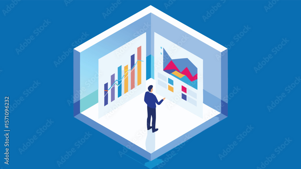 Aufkleber man presenting data charts and graphs in an isometric room with blue background and white walls and 