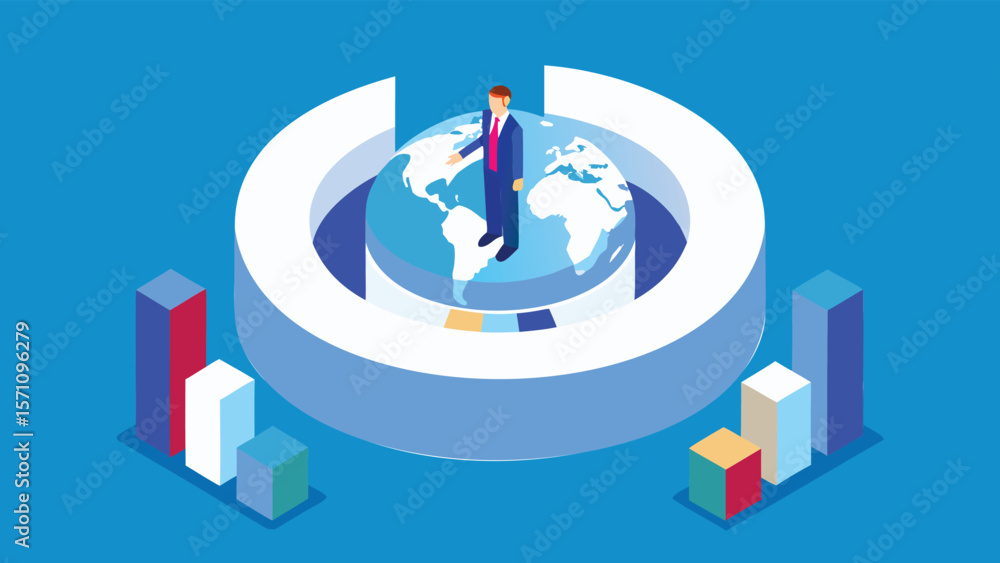 Poster isometric view of businessman standing on globe surrounded by circular structure and bar graphs